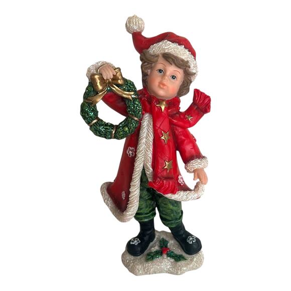Vintage Christmas Figurine Resin Boy Caroler Holding Wreath Shelf Holiday Decor - Picture 1 of 7